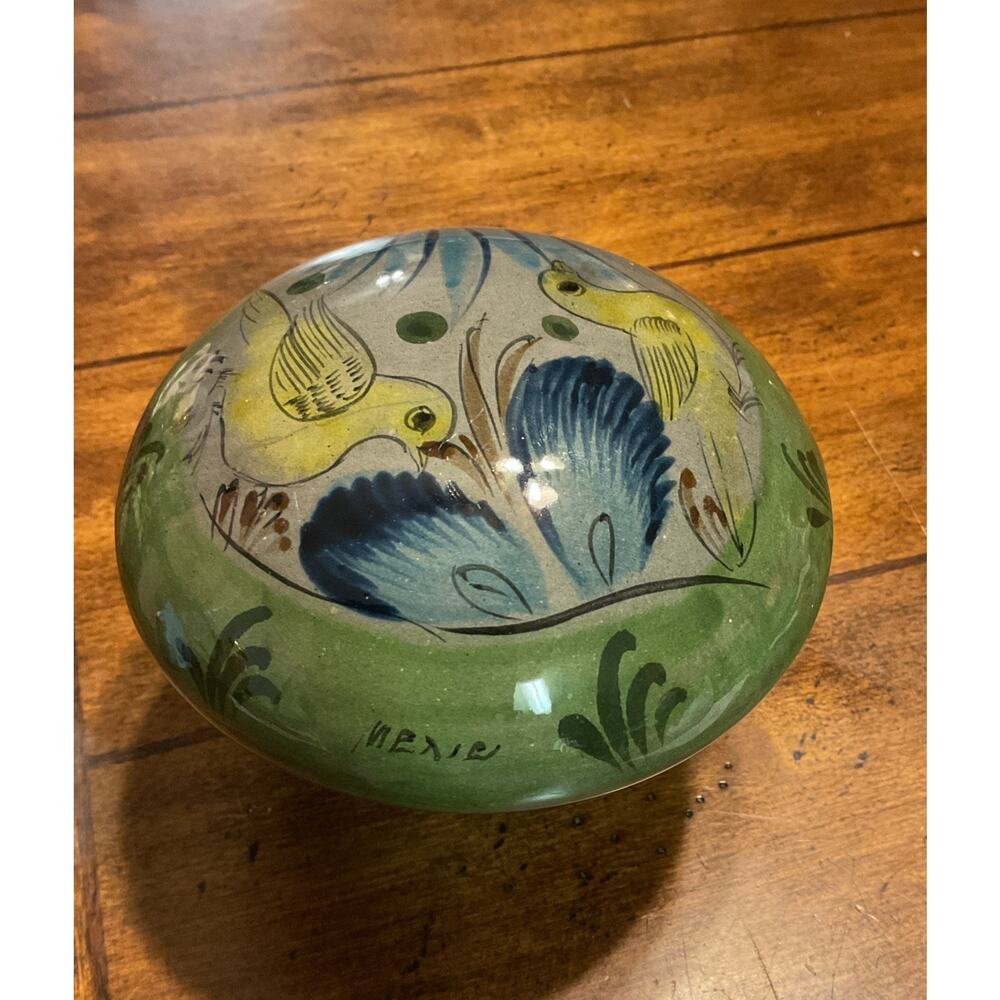 Tonala Mushroom Hand Painted Yellow Birds Mexico Ceramic